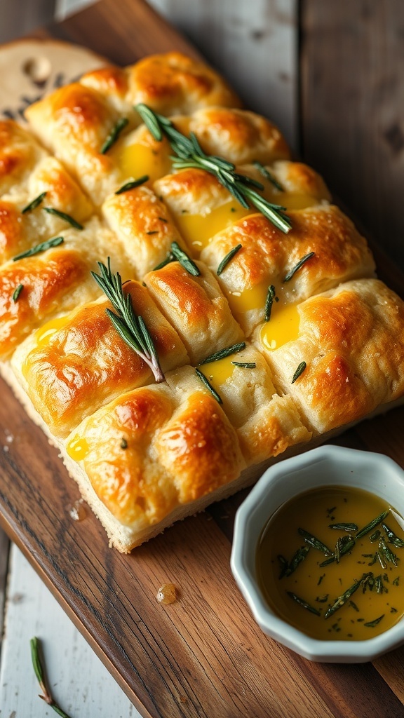 Freshly baked focaccia bread with rosemary and olive oil on a wooden board.